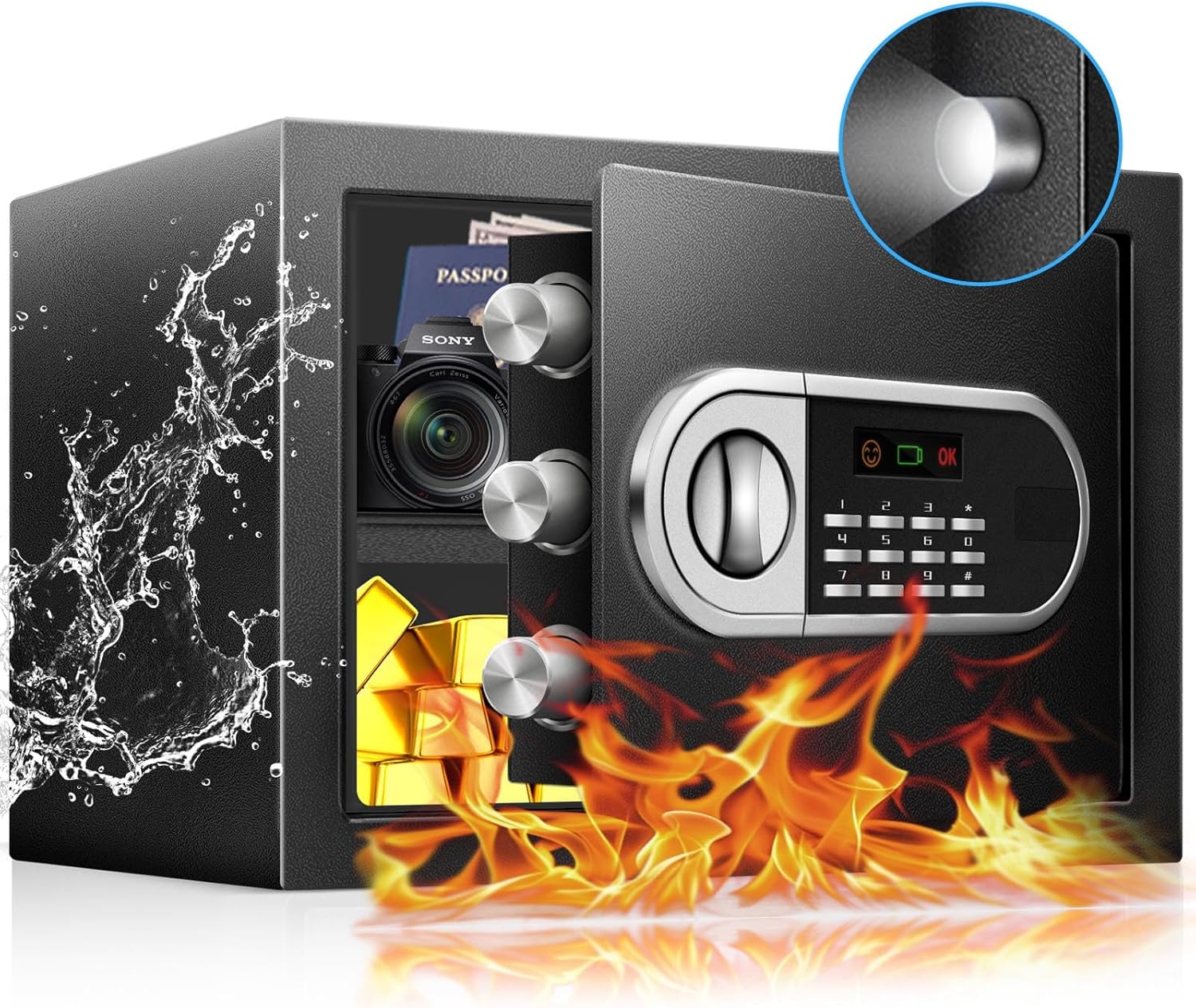 Elektroniczny zamek w sejfie domowym Elektroniczny panel zamek sejfu z palcem na skanerze w ciemnym pomieszczeniu