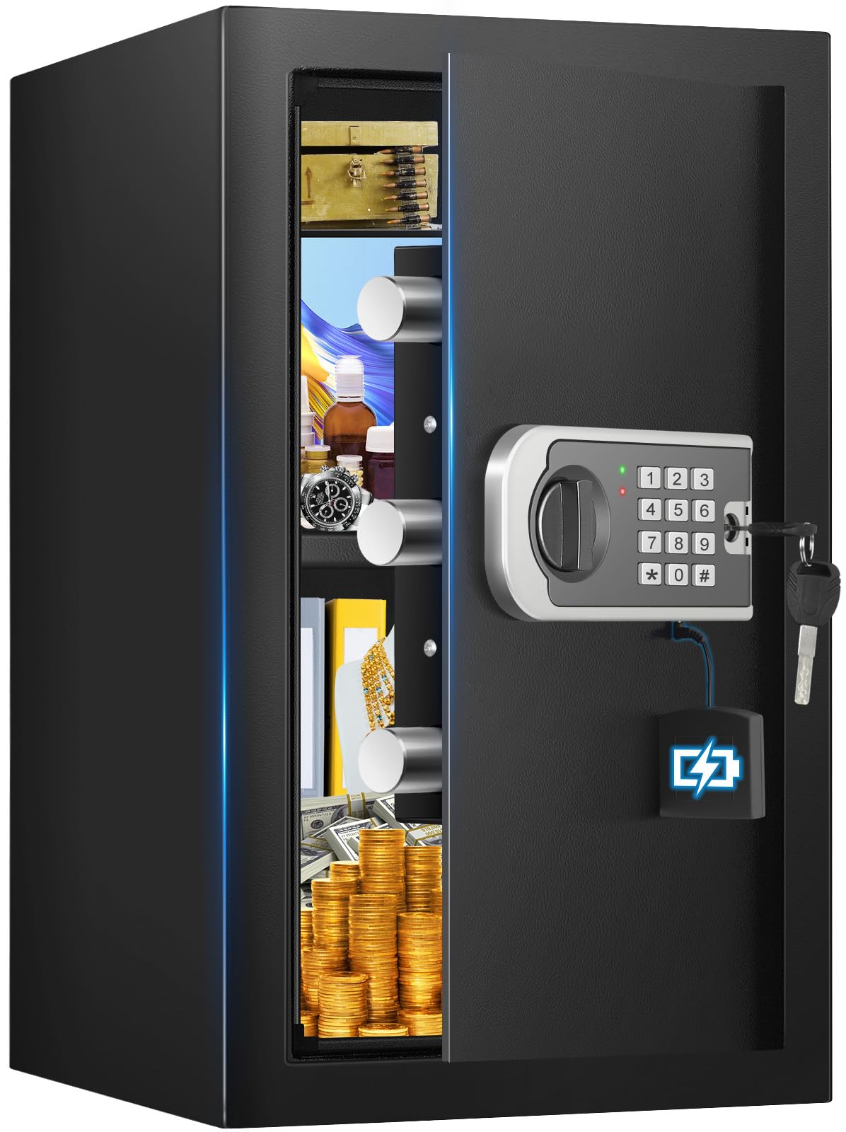 Sejf domowy z systemem alarmowym Alarmowy sejf domowy z migającą czerwoną lampką na panelu sterującym