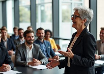 Grupa pracowników siedzi w sali konferencyjnej słuchając instruktora BHP przy tablicy
