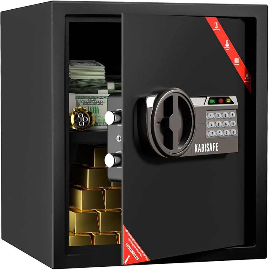 Wkładanie dokumentów do domowego sejfu Ręce wkładające segregator z umowami do otwartego sejfu w kuchni