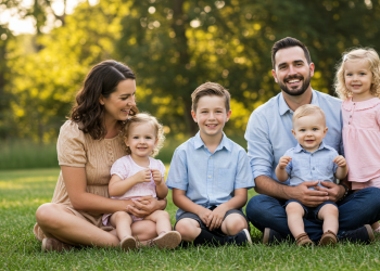 szczęśliwa rodzina z dziećmi stoi razem przed domem w słoneczny dzień