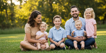 szczęśliwa rodzina z dziećmi stoi razem przed domem w słoneczny dzień