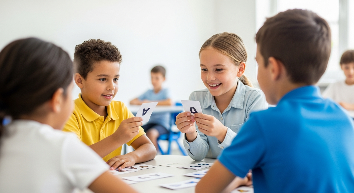 puzzle z literami na lekcji dzieci układają duże puzzle z literami alfabetu na podłodze sali