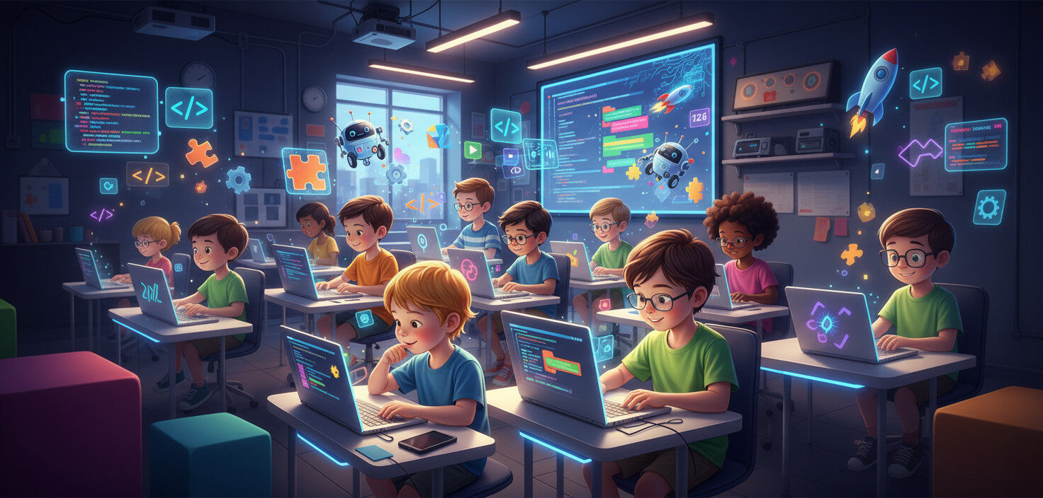 nauczyciel pokazujący ekran z blokami kodu małym uczniom