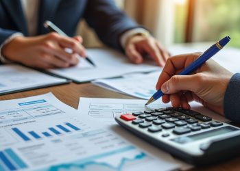 małżonkowie z adwokatem przeglądający dokumenty majątku przy stole w kancelarii