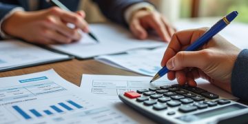 małżonkowie z adwokatem przeglądający dokumenty majątku przy stole w kancelarii