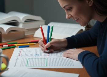 Uśmiechnięci uczniowie w mundurkach szkolnych trzymają dyplomy matury IB przed szkołą