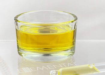 Ciemna butelka oleju z ostropestu obok świeżych kwiatów rośliny